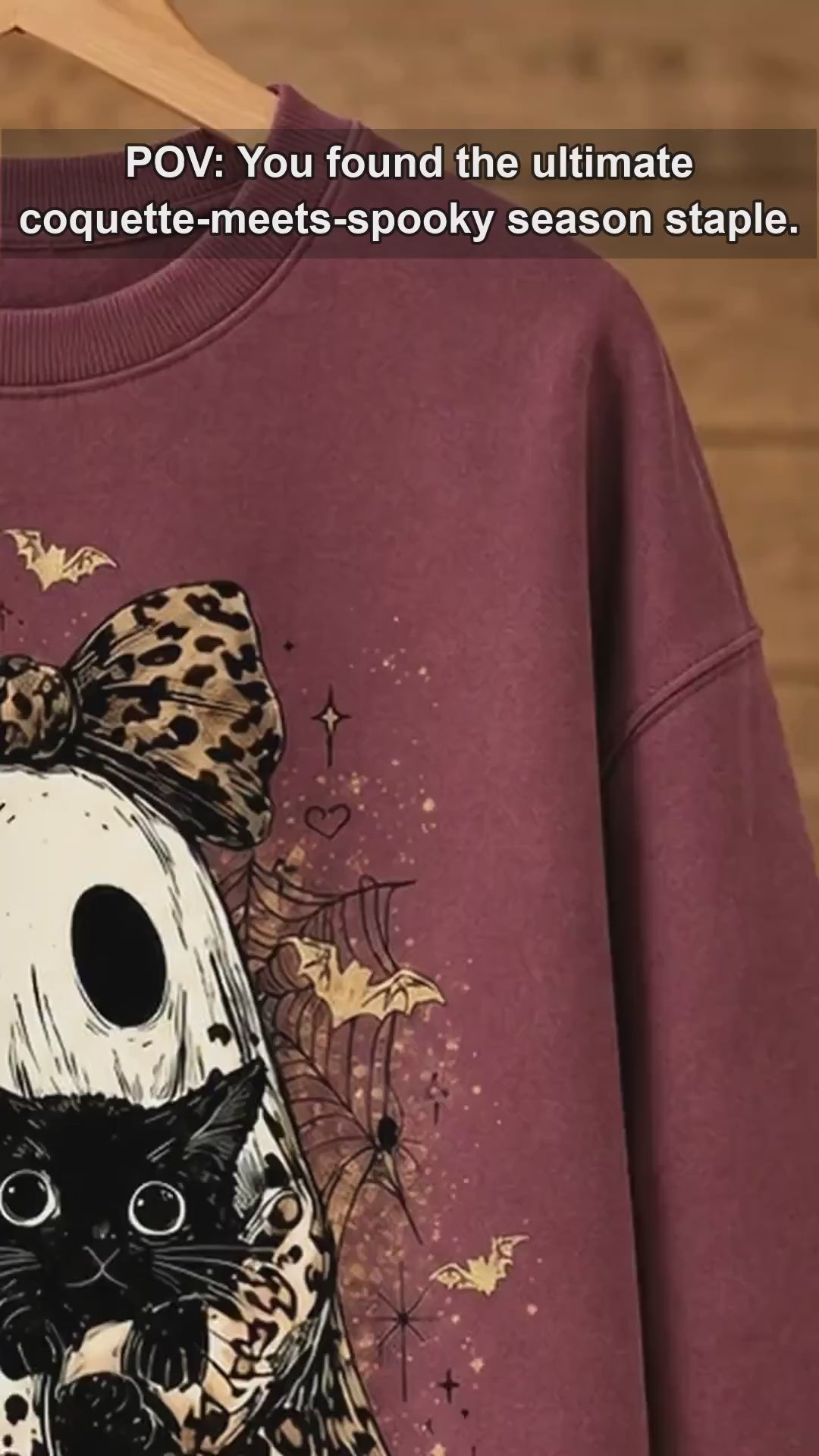 Leopard Ghost Cat Sweatshirt Spooky Bow Kitten Halloween Fall Women Retro Vintage Graphic