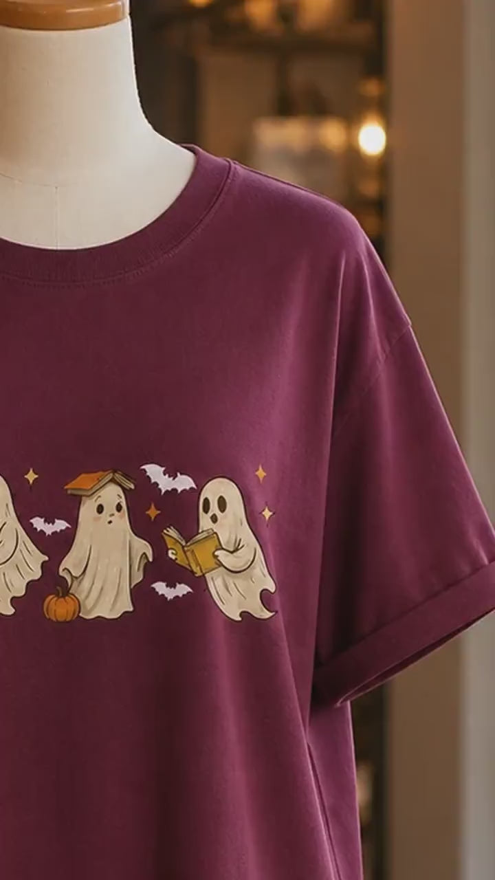 Ghost Reading Book T-Shirt Cute Ghost Book Lover Halloween Bookish Unisex Cute Retro