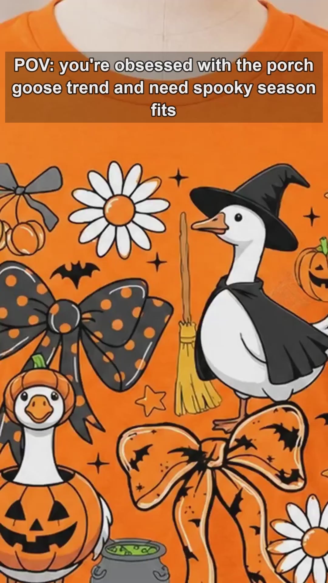 Halloween Goose T-Shirt Cute Witch and Pumpkin Geese Fall Spooky Season Women Coquette Graphic Top