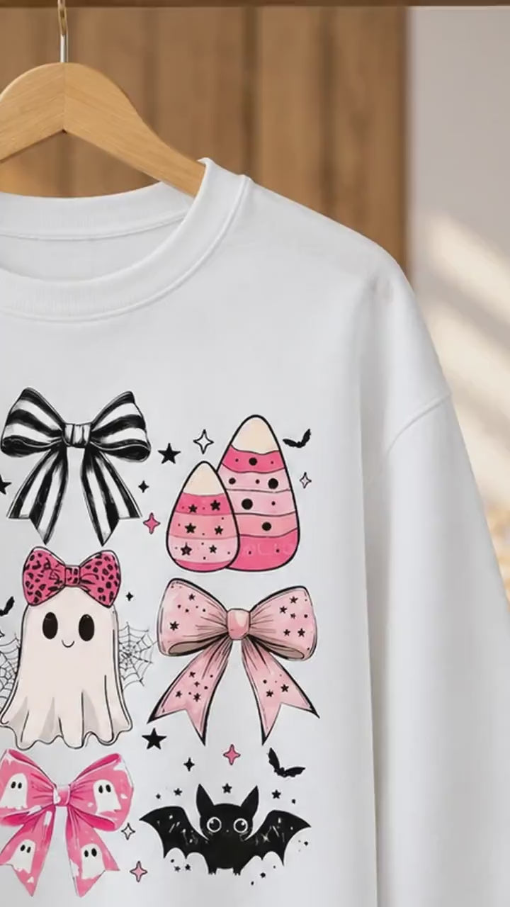 Pink Halloween Ghost Bow Spooky Coquette Icons Sweatshirt and T-Shirt Fall Spooky Season Gift Women Cute Pastel Retro Aesthetic - giftcuztom.com