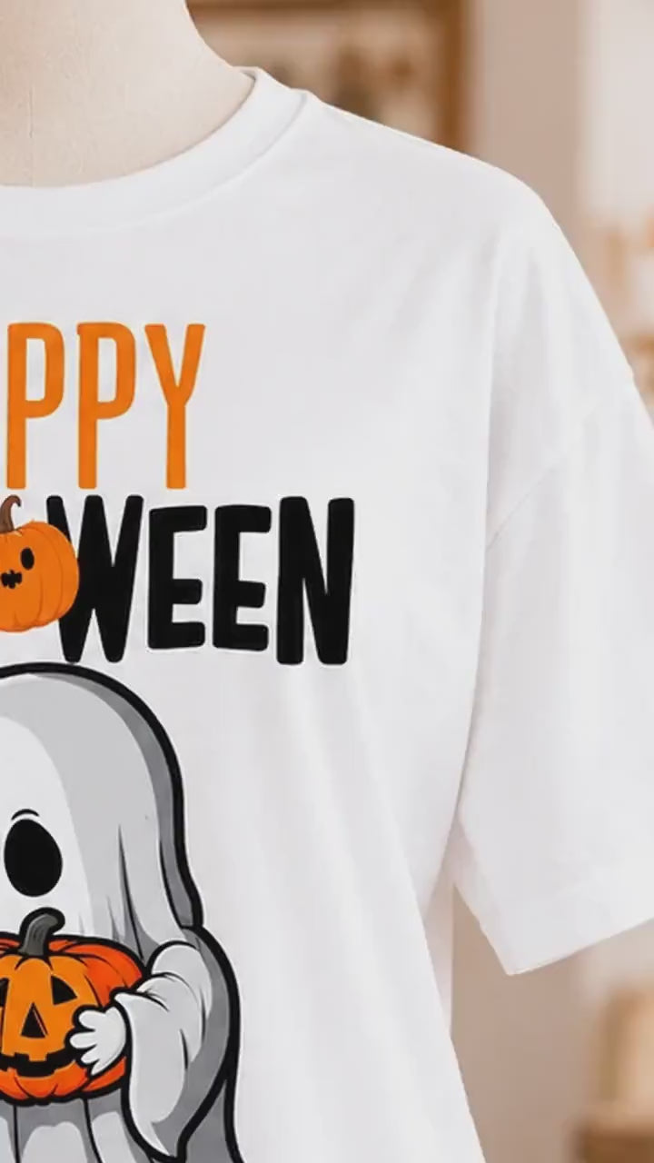 Happy Halloween Ghost T-Shirt Cute Pumpkin Graphic Spooky Season Fall Holiday Women Retro Cartoon