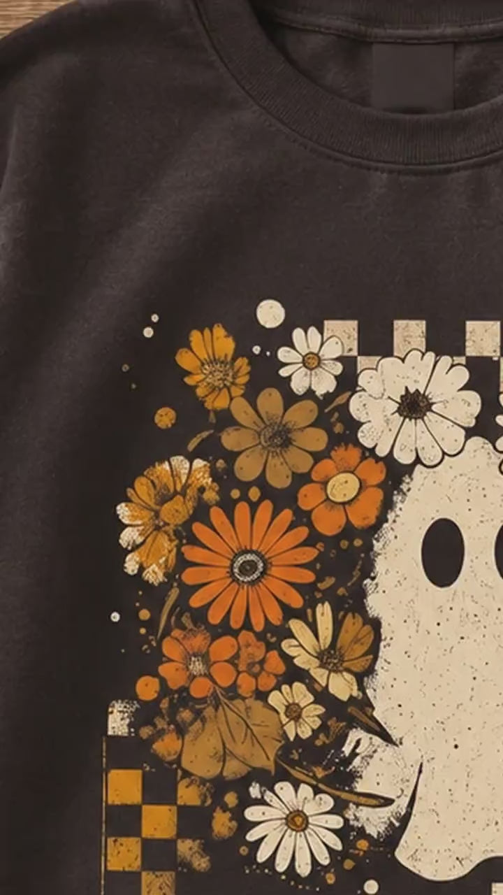 Floral Ghost Sweatshirt Daisy Spooky Fall Halloween Women Retro Boho