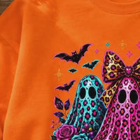 Cute Coquette Halloween Ghost Trio Sweatshirt - Colorful Leopard Print & Floral Spooky Season Top