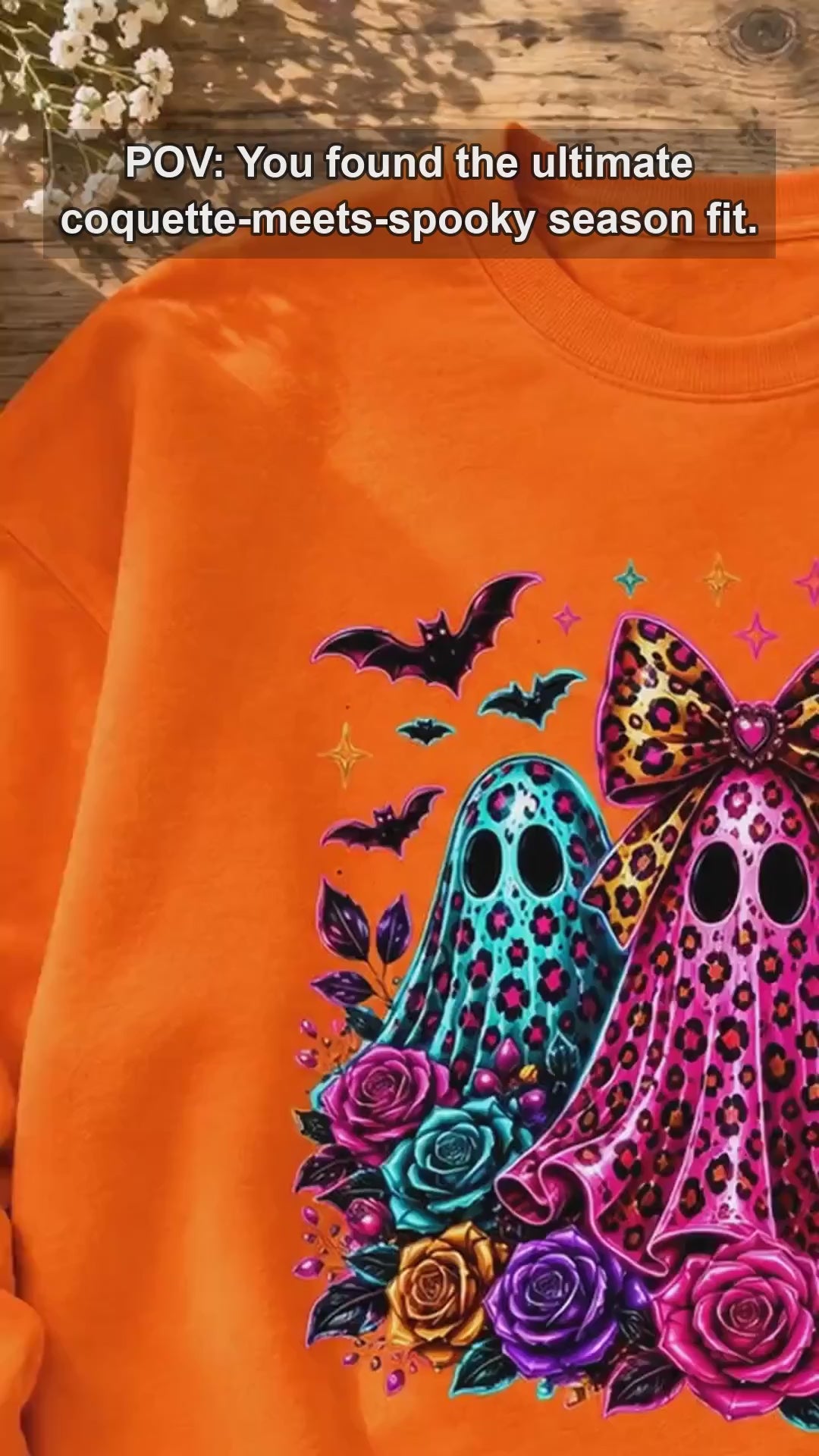 Cute Coquette Halloween Ghost Trio Sweatshirt - Colorful Leopard Print & Floral Spooky Season Top