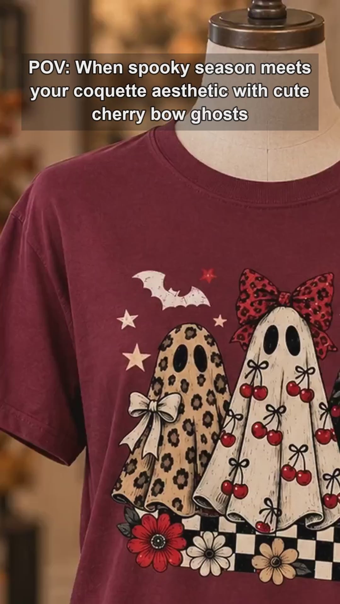 Coquette Halloween T-Shirt Retro Ghost Trio with Cherry Bows Fall Spooky Season Women Cute Aesthetic - giftcuztom.com