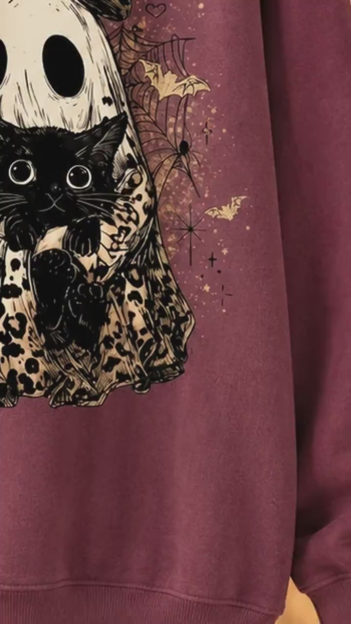 Leopard Ghost Cat Sweatshirt Spooky Bow Kitten Halloween Fall Women Retro Vintage Graphic