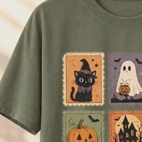 Vintage Halloween Postage Stamp Ghost Cat Pumpkin T-Shirt Spooky Season Women Retro Aesthetic