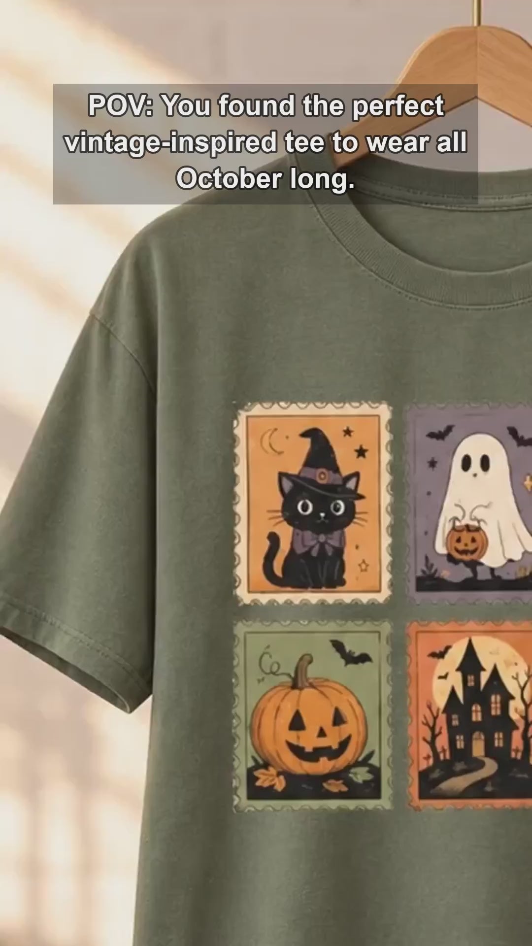 Vintage Halloween Postage Stamp Ghost Cat Pumpkin T-Shirt Spooky Season Women Retro Aesthetic