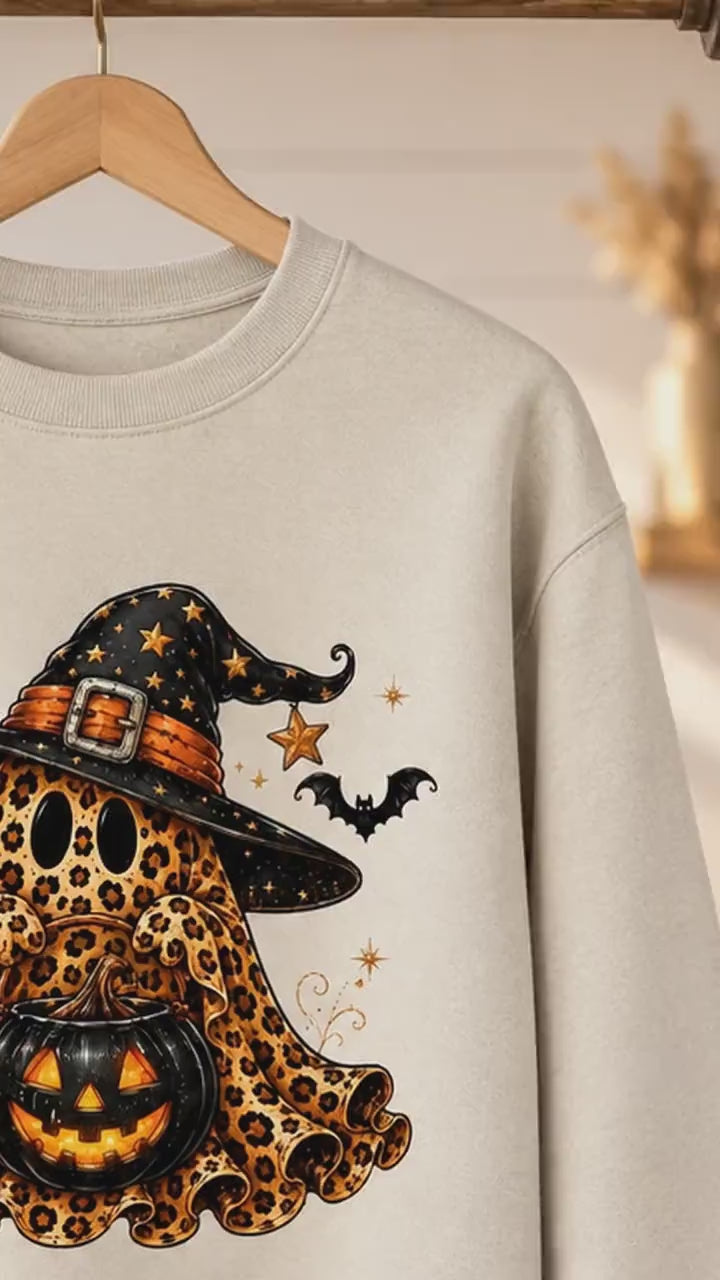 Leopard Ghost Witch Hat Sweatshirt and T-Shirt Halloween Spooky Season Women Cute Retro