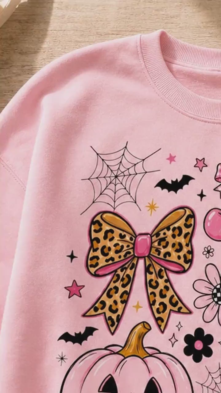 Coquette Halloween Pink Ghost Pumpkin Bow Sweatshirt Spooky Season Women Cute Girly Leopard Bow Design