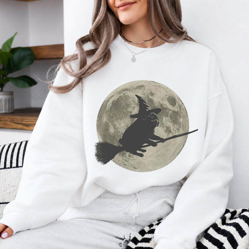 Pug Witch Halloween Sweatshirt and T-Shirt Pug Flying On Broom Full Moon Spooky Season Unisex Vintage