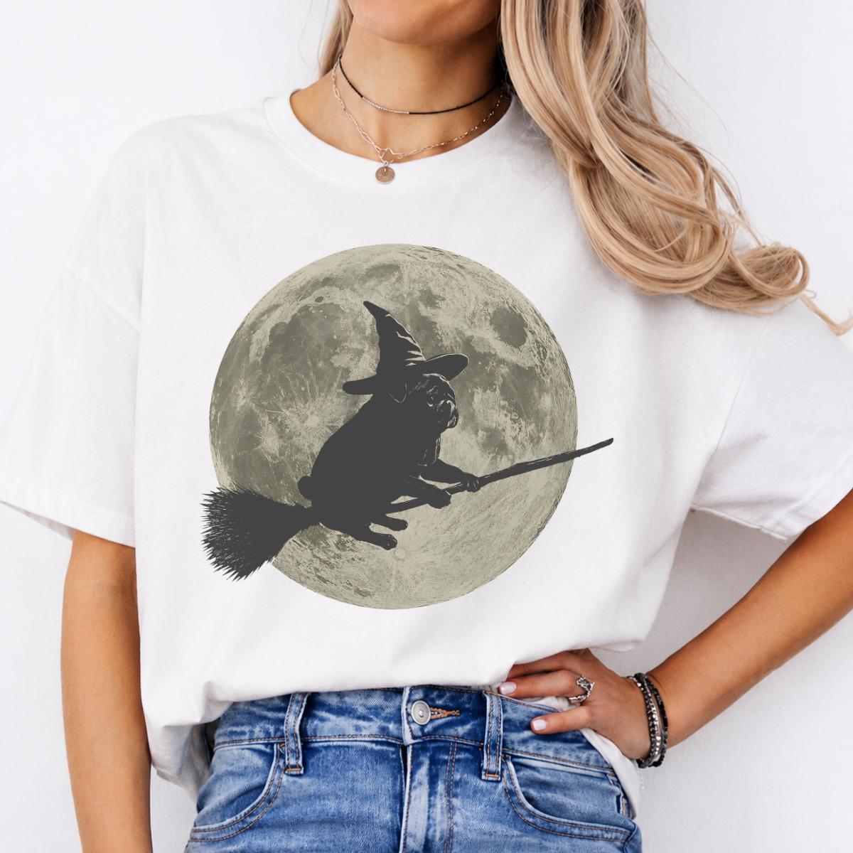 Pug Witch Halloween Sweatshirt and T-Shirt Pug Flying On Broom Full Moon Spooky Season Unisex Vintage