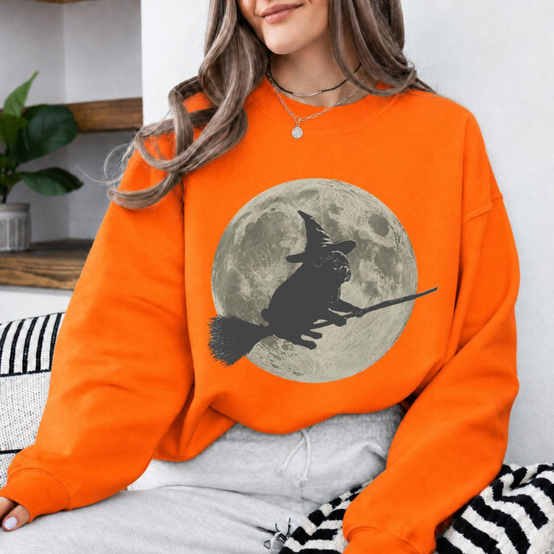 Pug Witch Halloween Sweatshirt and T-Shirt Pug Flying On Broom Full Moon Spooky Season Unisex Vintage