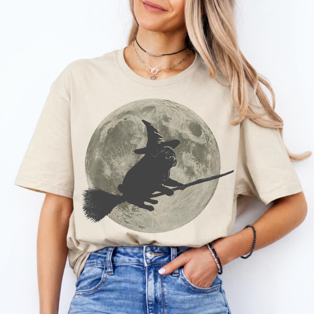 Pug Witch Halloween Sweatshirt and T-Shirt Pug Flying On Broom Full Moon Spooky Season Unisex Vintage