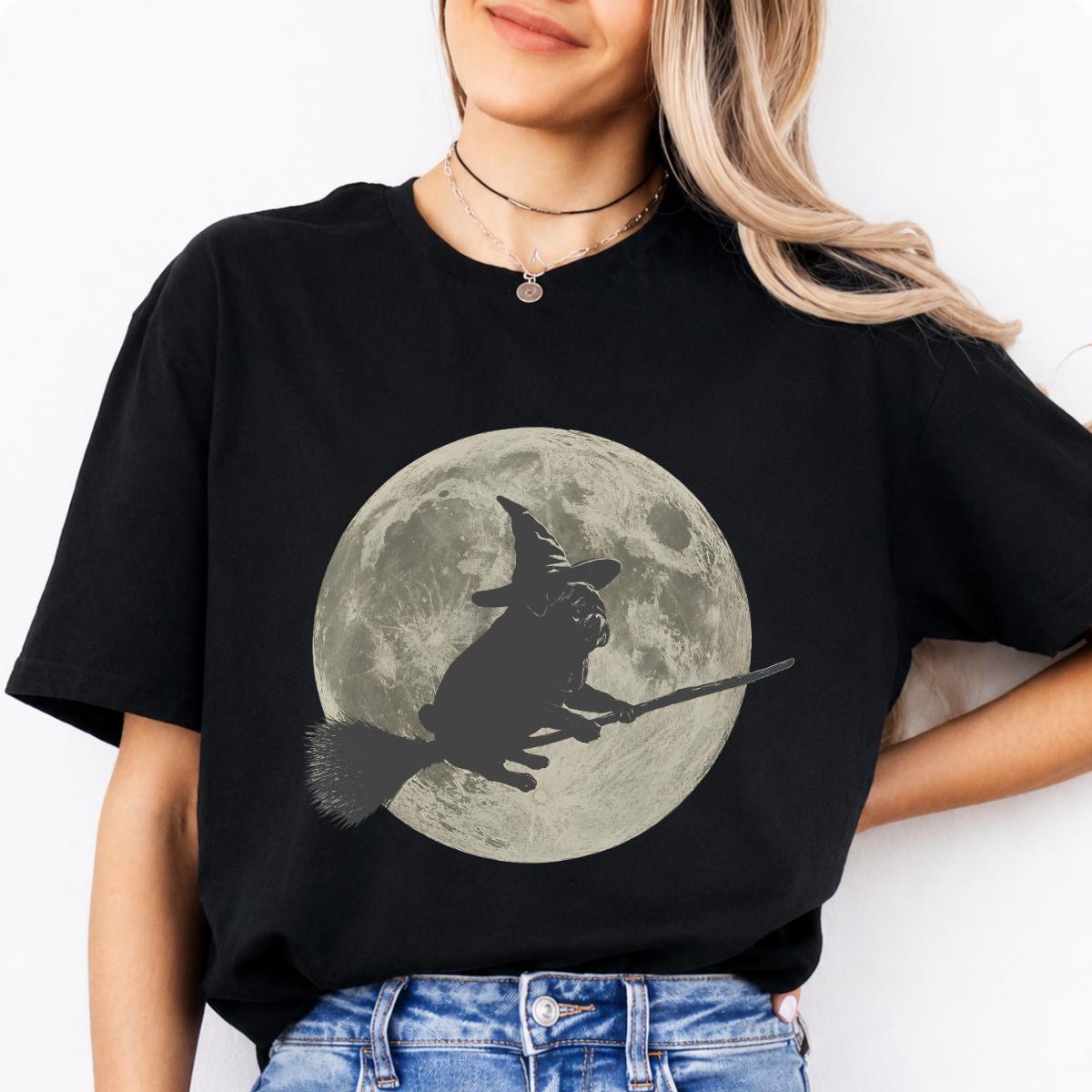 Pug Witch Halloween Sweatshirt and T-Shirt Pug Flying On Broom Full Moon Spooky Season Unisex Vintage