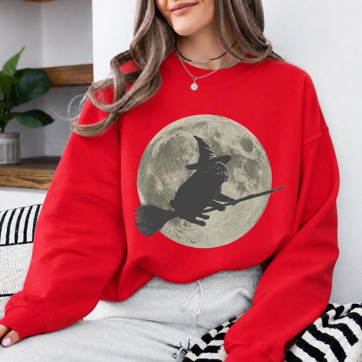 Pug Witch Halloween Sweatshirt and T-Shirt Pug Flying On Broom Full Moon Spooky Season Unisex Vintage