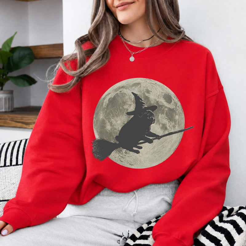 Pug Witch Halloween Sweatshirt and T-Shirt Pug Flying On Broom Full Moon Spooky Season Unisex Vintage