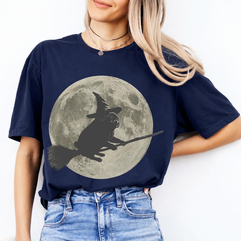 Pug Witch Halloween Sweatshirt and T-Shirt Pug Flying On Broom Full Moon Spooky Season Unisex Vintage