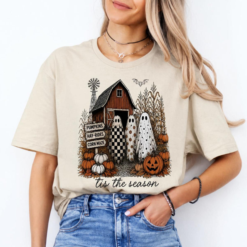 Pumpkin Patch Ghost Tis The Season Sweatshirt and T-Shirt Fall Farm Halloween Women Retro