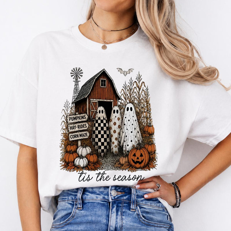 Pumpkin Patch Ghost Tis The Season Sweatshirt and T-Shirt Fall Farm Halloween Women Retro