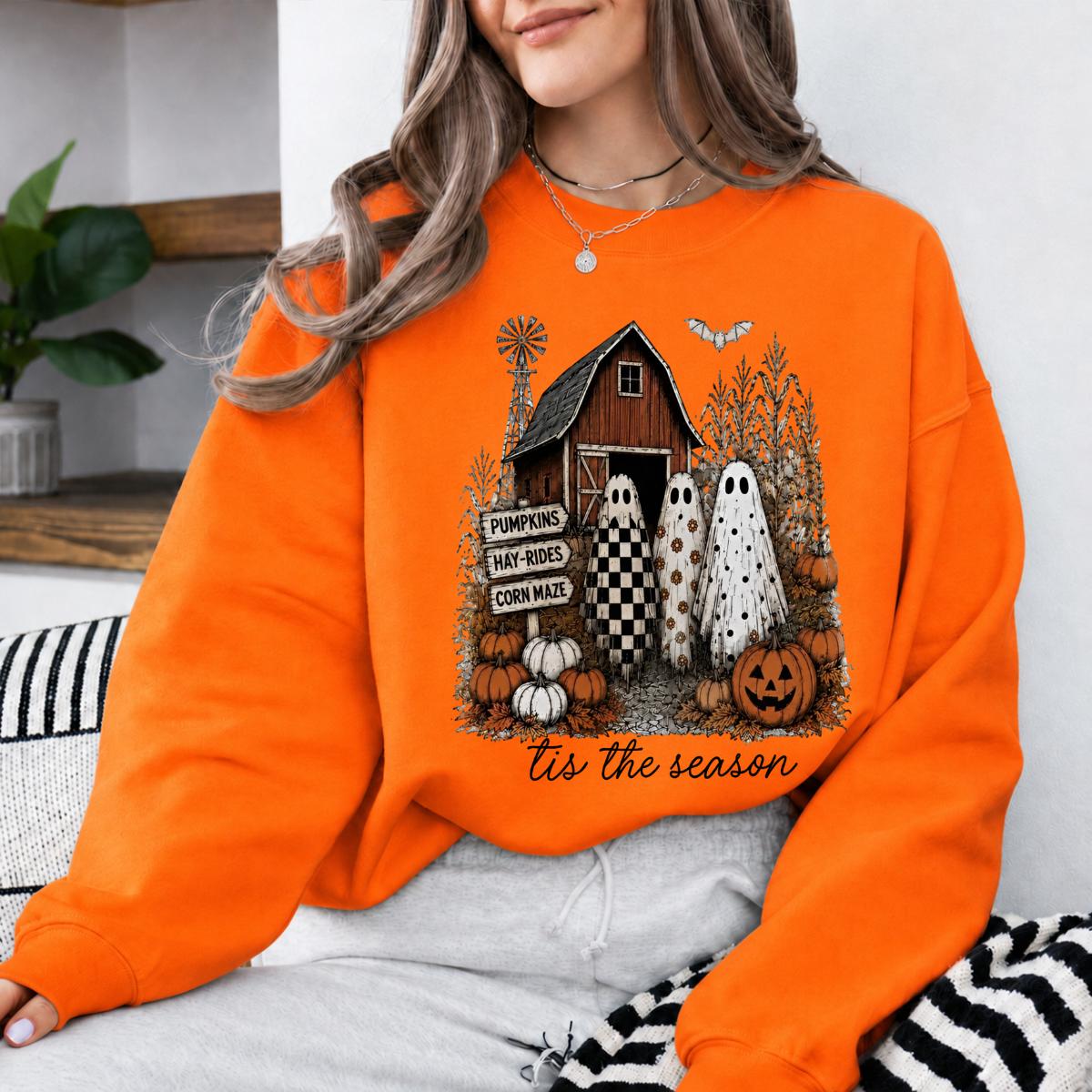 Pumpkin Patch Ghost Tis The Season Sweatshirt and T-Shirt Fall Farm Halloween Women Retro