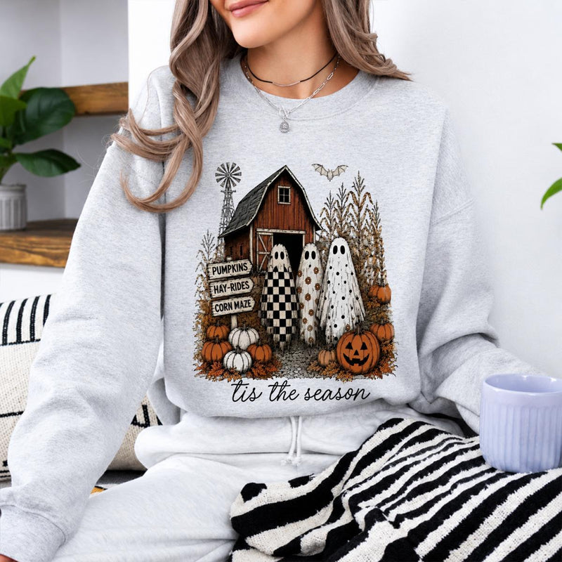 Pumpkin Patch Ghost Tis The Season Sweatshirt and T-Shirt Fall Farm Halloween Women Retro