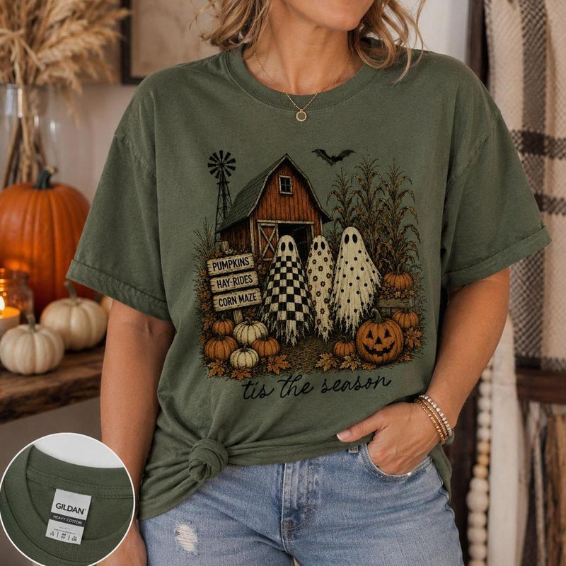 Pumpkin Patch Ghost Tis The Season Sweatshirt and T-Shirt Fall Farmhouse Women Unisex Vintage Country
