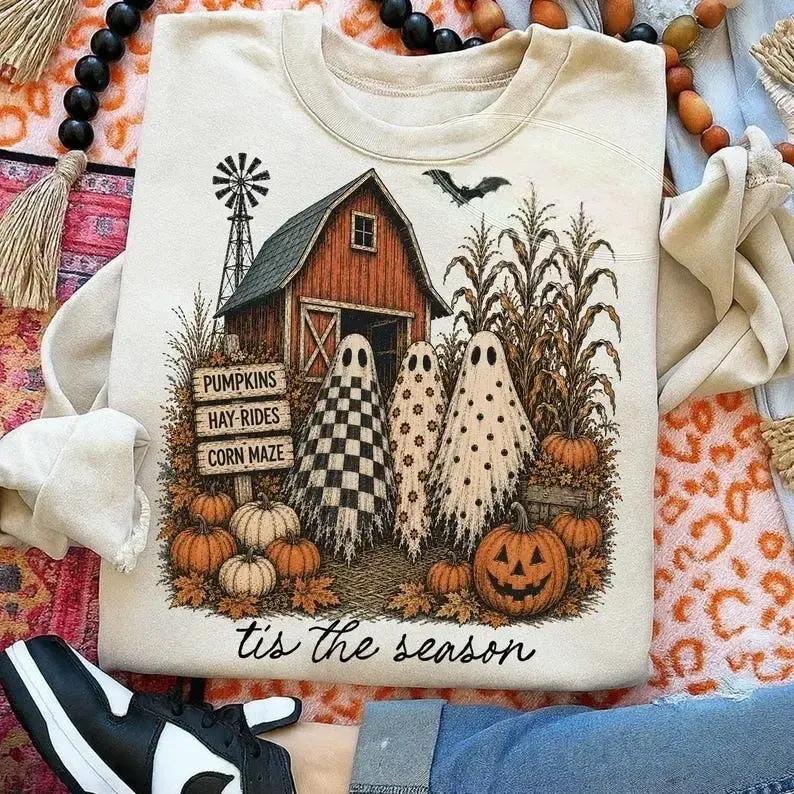 Pumpkin Patch Ghost Tis The Season Sweatshirt and T-Shirt Fall Farmhouse Women Unisex Vintage Country