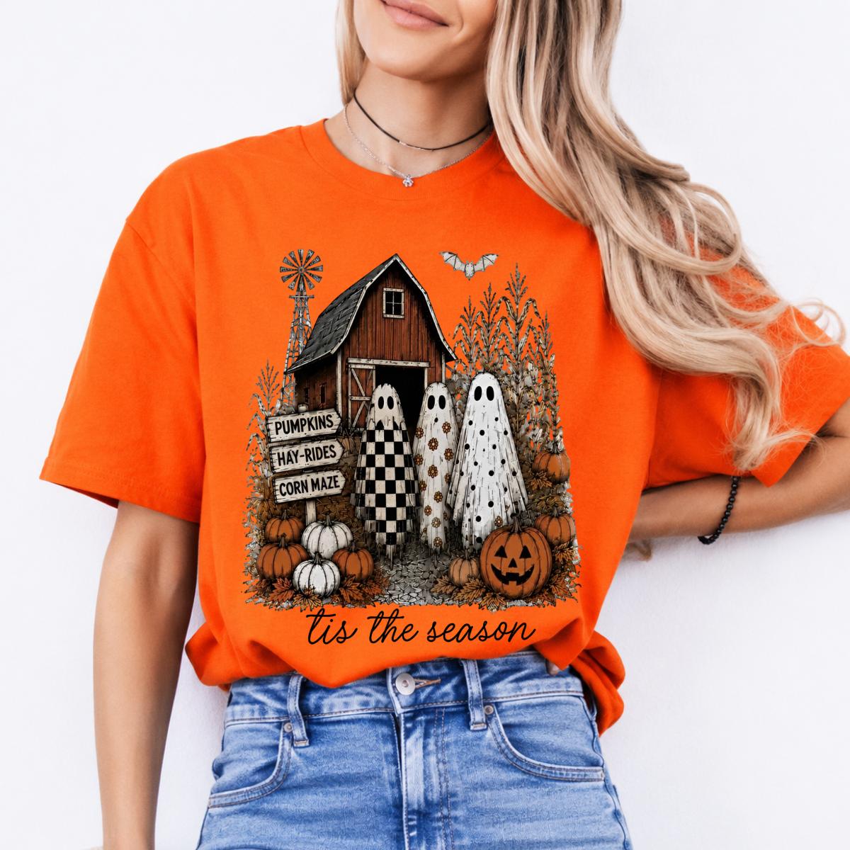Pumpkin Patch Ghost Tis The Season Sweatshirt and T-Shirt Fall Farm Halloween Women Retro