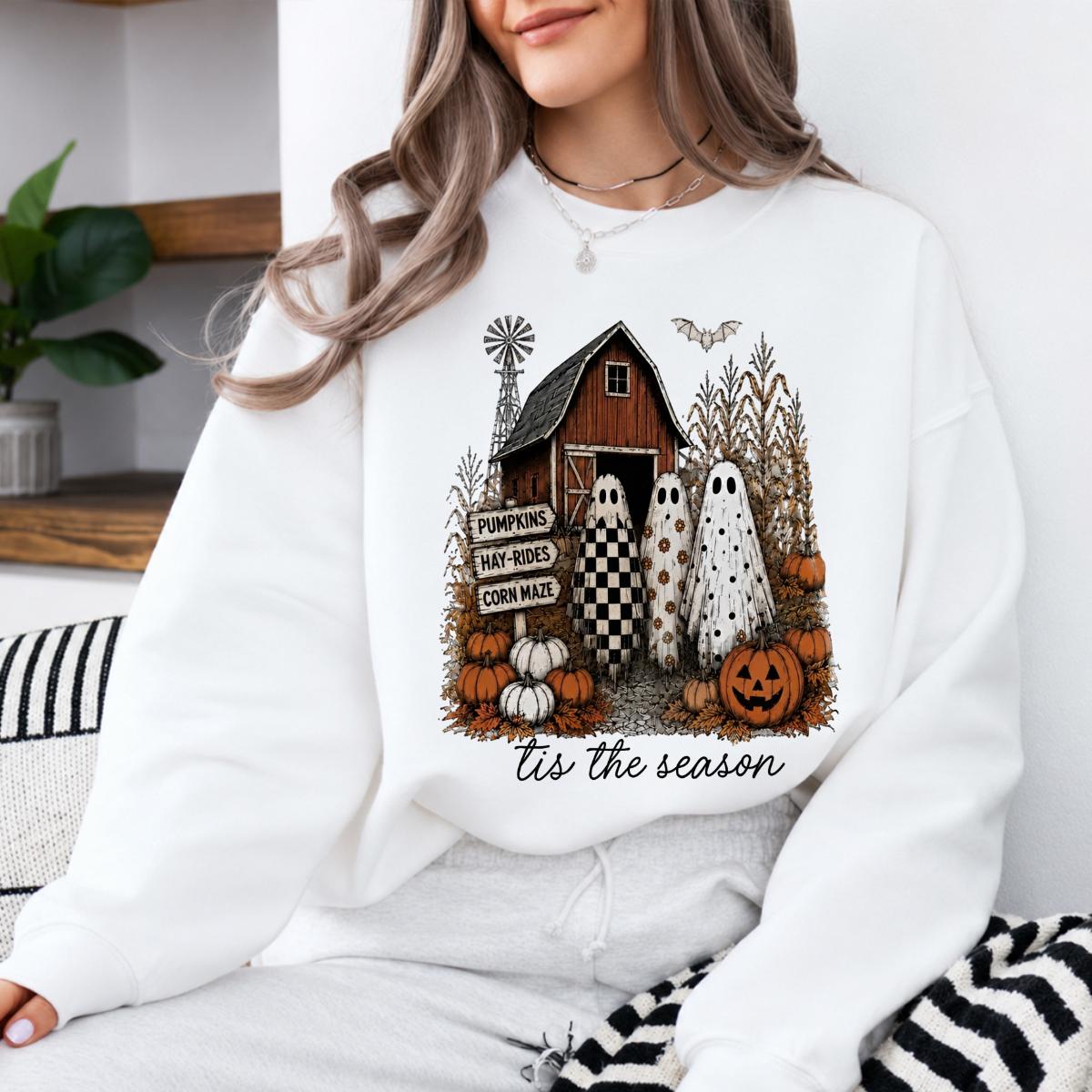 Pumpkin Patch Ghost Tis The Season Sweatshirt and T-Shirt Fall Farm Halloween Women Retro