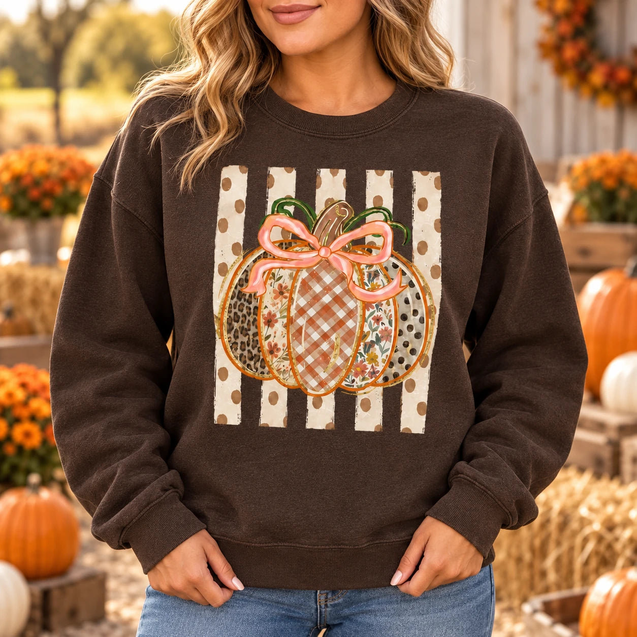 Pumpkin Patch Sweatshirt, Patchwork Pumpkin Bow Shirt