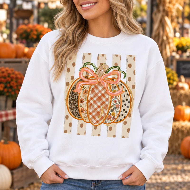 Pumpkin Patch Sweatshirt, Patchwork Pumpkin Bow Shirt