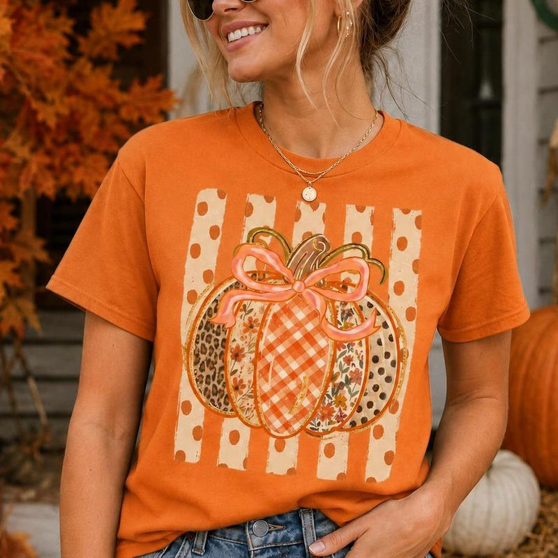 Pumpkin Patch Sweatshirt, Patchwork Pumpkin Bow Shirt