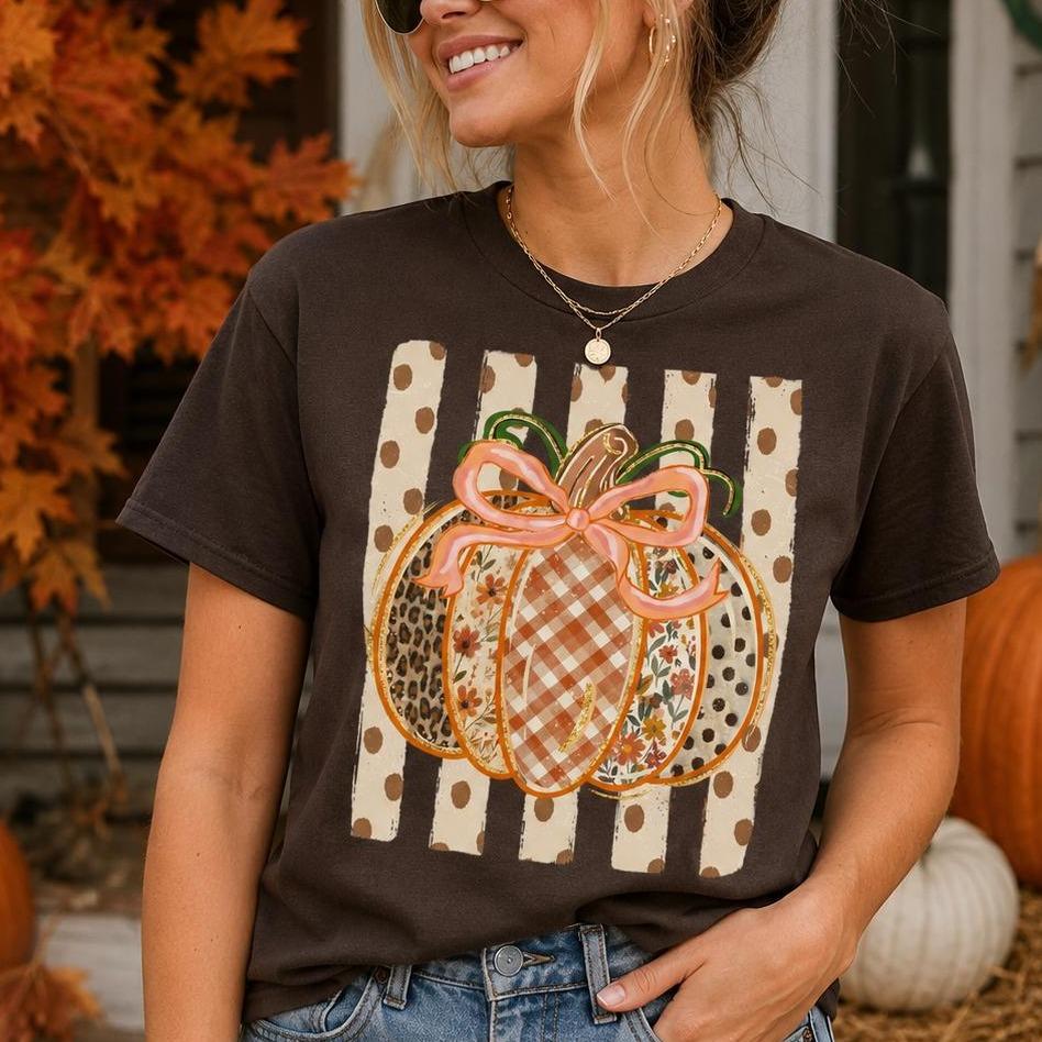Pumpkin Patch Sweatshirt, Patchwork Pumpkin Bow Shirt