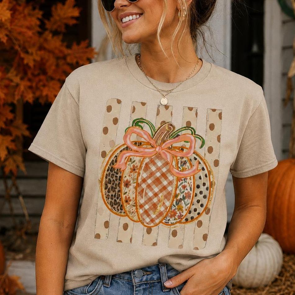 Pumpkin Patch Sweatshirt, Patchwork Pumpkin Bow Shirt