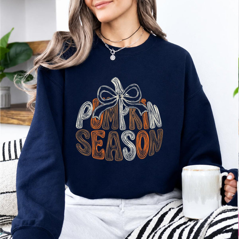 Pumpkin Season Bow Sweatshirt, Retro Fall Pumpkin Graphic, Cute Thanksgiving Autumn Outfit Gift for Women