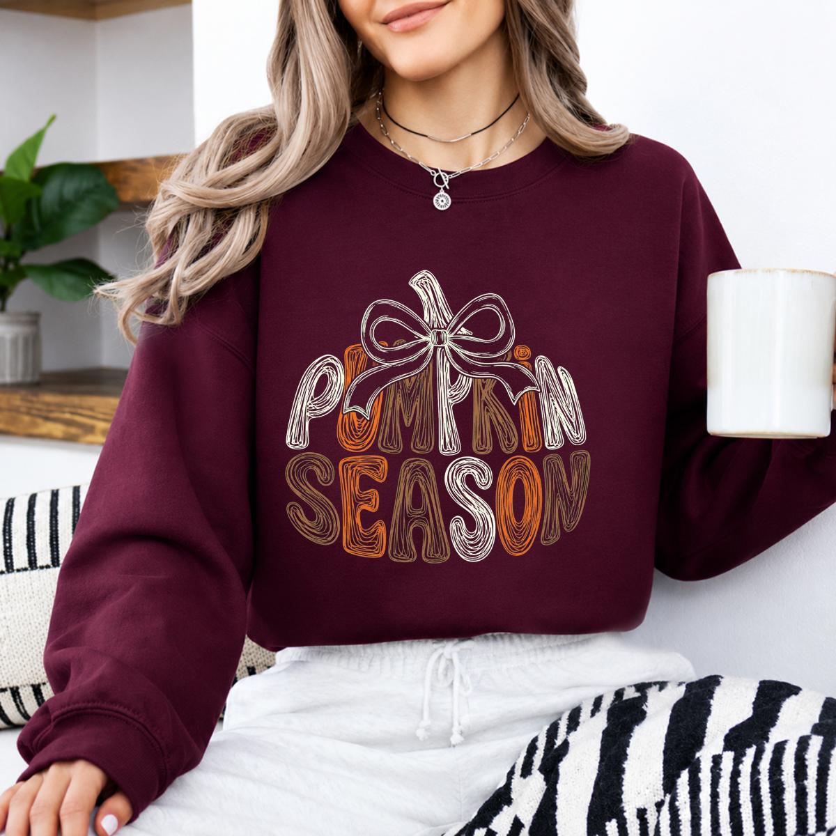 Pumpkin Season Bow Sweatshirt, Retro Fall Pumpkin Graphic, Cute Thanksgiving Autumn Outfit Gift for Women
