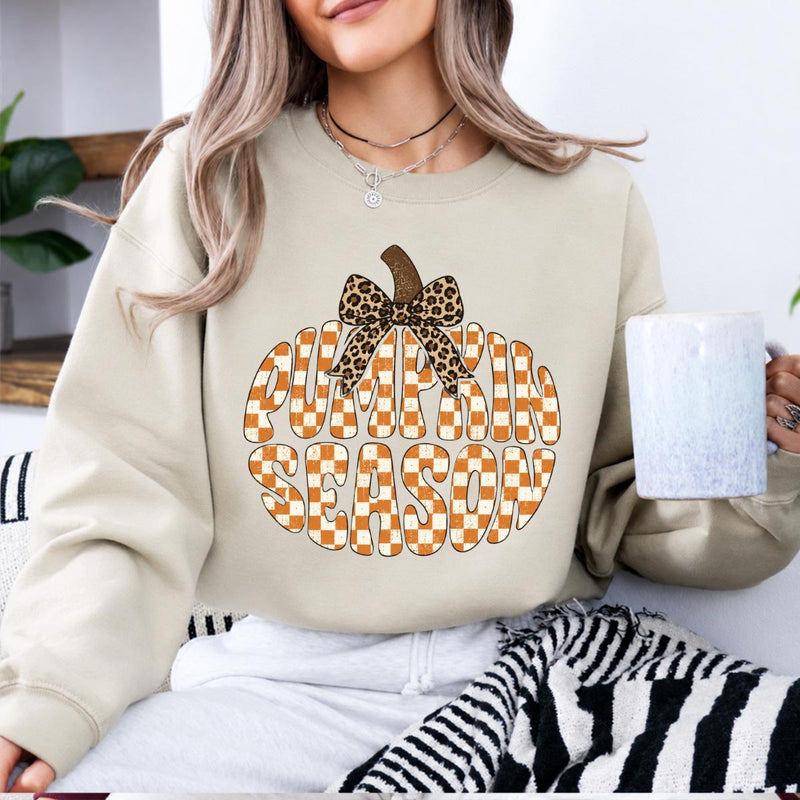 Pumpkin Season Sweatshirt, Cute Leopard Bow Fall Gingham, Cozy Autumn Thanksgiving Gift for Women