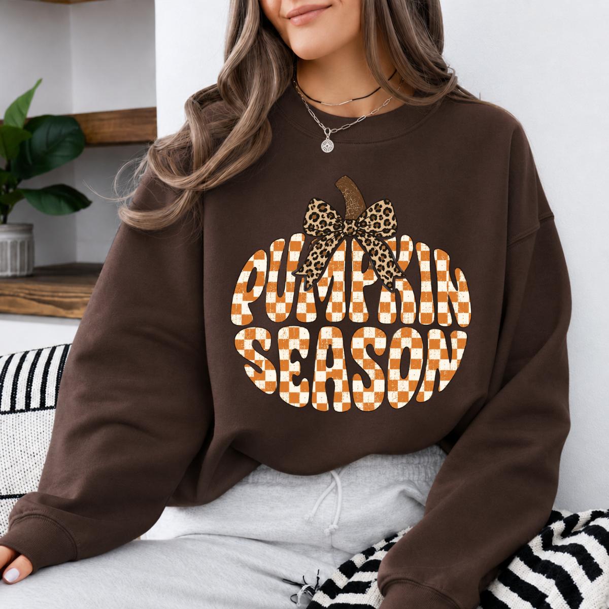 Pumpkin Season Sweatshirt, Cute Leopard Bow Fall Gingham, Cozy Autumn Thanksgiving Gift for Women