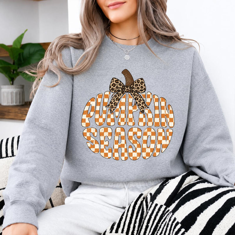 Pumpkin Season Sweatshirt, Cute Leopard Bow Fall Gingham, Cozy Autumn Thanksgiving Gift for Women