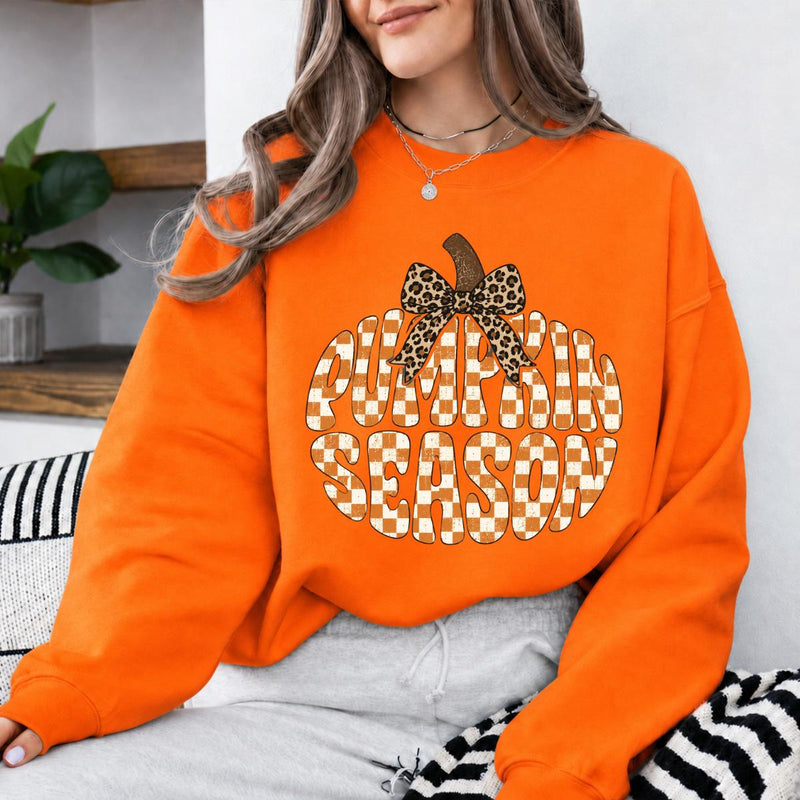 Pumpkin Season Sweatshirt, Cute Leopard Bow Fall Gingham, Cozy Autumn Thanksgiving Gift for Women