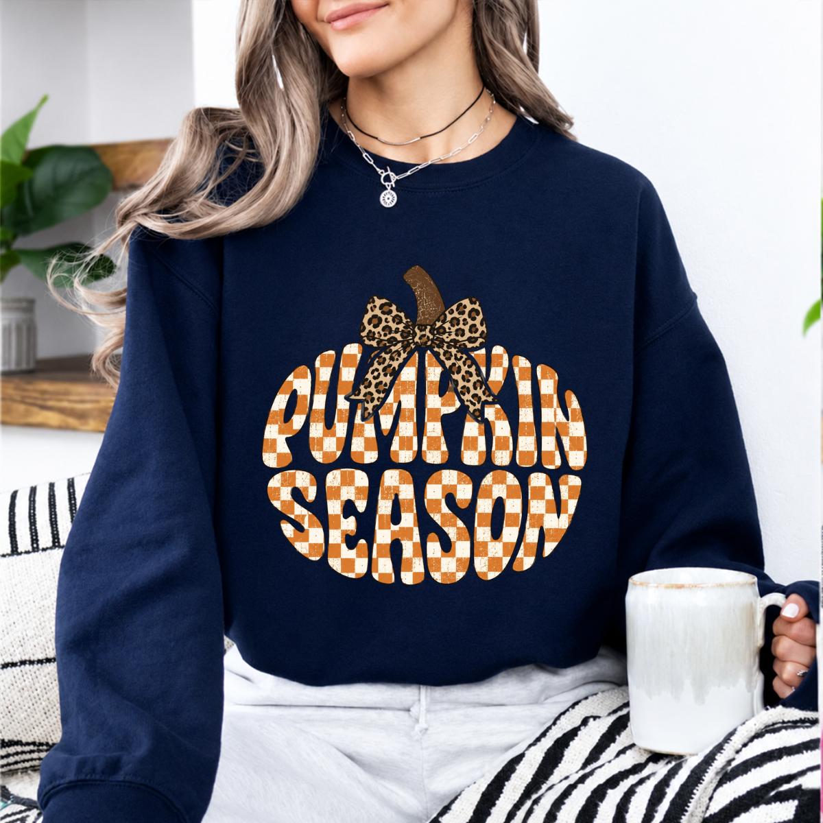 Pumpkin Season Sweatshirt, Cute Leopard Bow Fall Gingham, Cozy Autumn Thanksgiving Gift for Women
