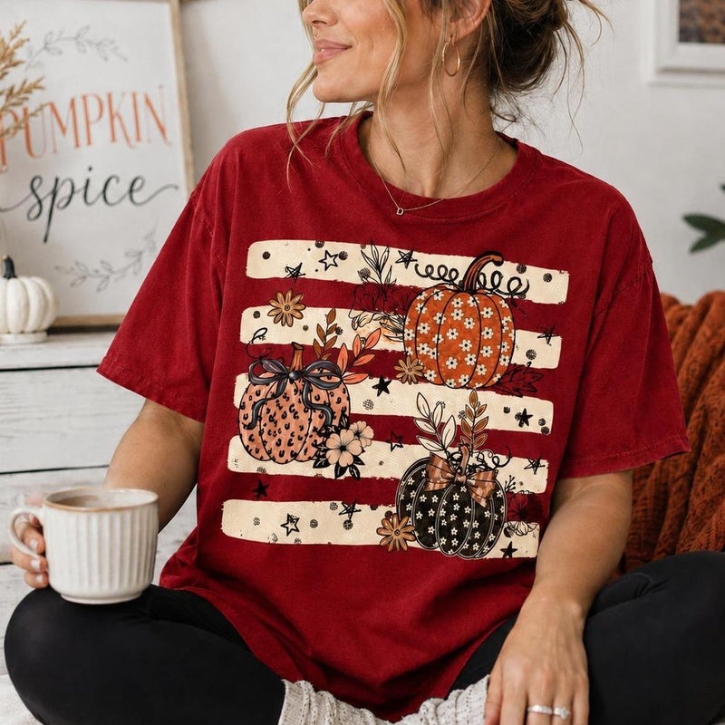 Pumpkin Spice Sweatshirt and T-Shirt, Floral Pumpkin Trio, Fall Thanksgiving Season, Women, Cute Retro Autumn Design