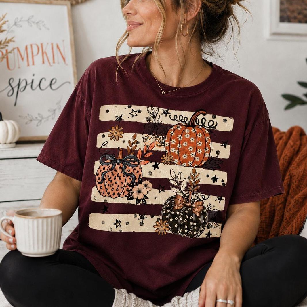 Pumpkin Spice Sweatshirt and T-Shirt, Floral Pumpkin Trio, Fall Thanksgiving Season, Women, Cute Retro Autumn Design