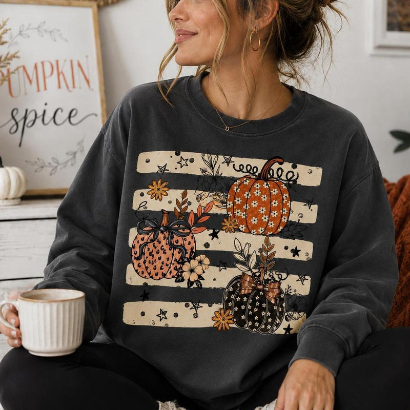 Pumpkin Spice Sweatshirt and T-Shirt, Floral Pumpkin Trio, Fall Thanksgiving Season, Women, Cute Retro Autumn Design
