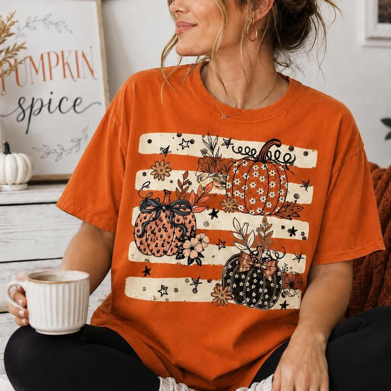 Pumpkin Spice Sweatshirt and T-Shirt, Floral Pumpkin Trio, Fall Thanksgiving Season, Women, Cute Retro Autumn Design