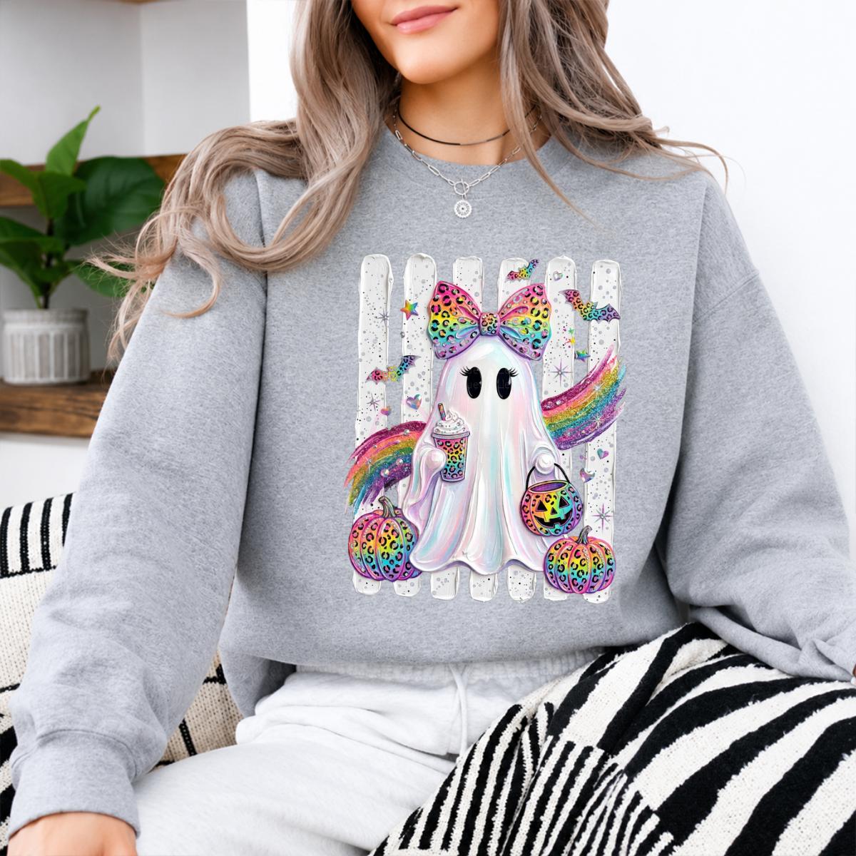 Rainbow Ghost Leopard Bow Sweatshirt Spooky Season Fall Halloween Women Cute Girly