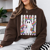 Rainbow Ghost Leopard Bow Sweatshirt Spooky Season Fall Halloween Women Cute Girly