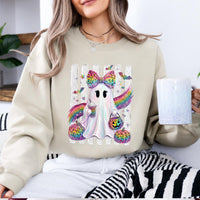 Rainbow Ghost Leopard Bow Sweatshirt Spooky Season Fall Halloween Women Cute Girly