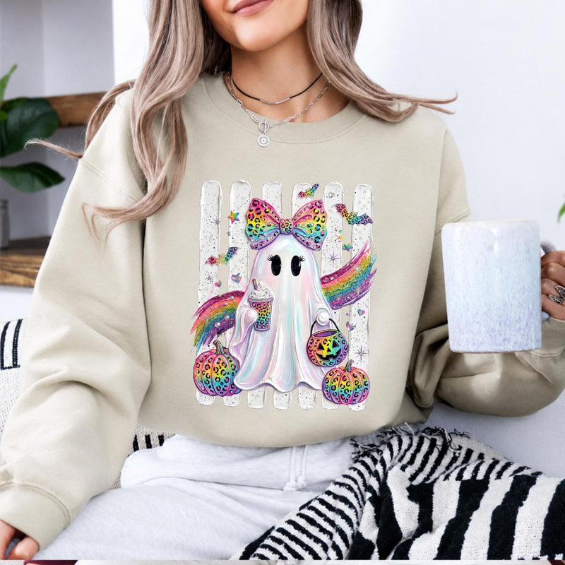 Rainbow Ghost Leopard Bow Sweatshirt Spooky Season Fall Halloween Women Cute Girly